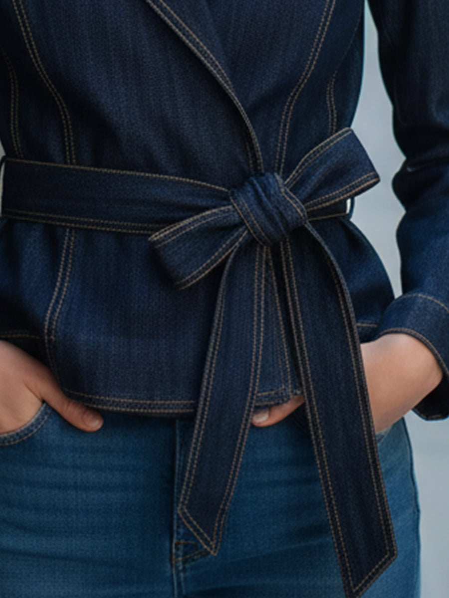 Denim Belted Wrap-Style Blazer With Contrast Stitching