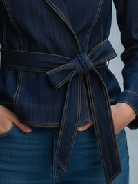 Denim Belted Wrap-Style Blazer With Contrast Stitching