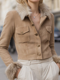 Cropped  Suede Jacket With Faux Fur Trim
