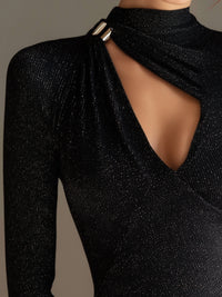 Asymmetrical Cutout High-Neck Shimmer Knit Top
