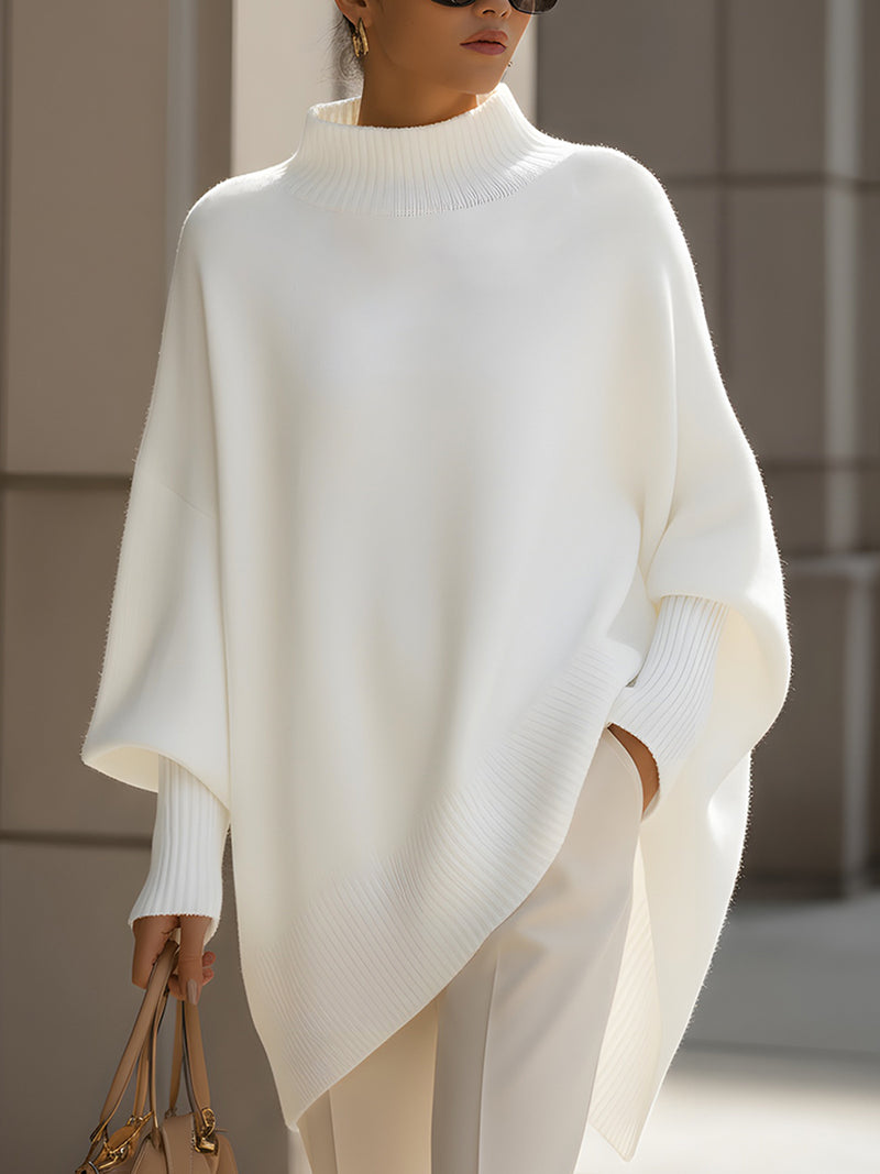 Ivory Asymmetric Ribbed Turtleneck Poncho Sweater