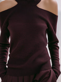 Burgundy Cold-Shoulder Ribbed Turtleneck Knit Sweater