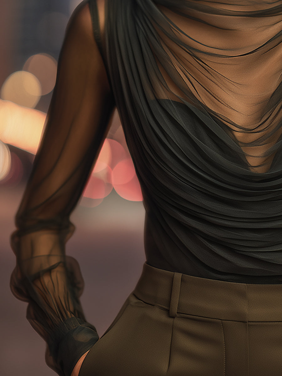 Sheer Draped Mesh High-Neck Evening Top