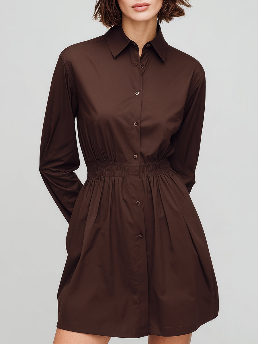 Classic Chocolate Brown Elastic-Waist Shirt Dress