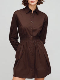 Classic Chocolate Brown Elastic-Waist Shirt Dress