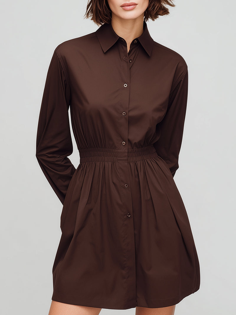Classic Chocolate Brown Elastic-Waist Shirt Dress