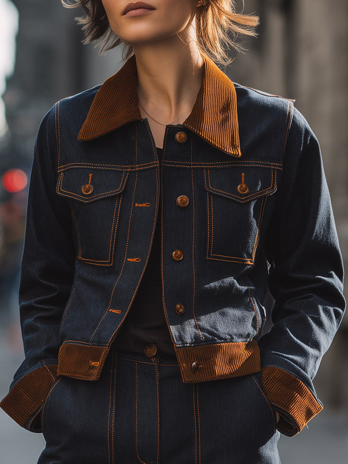 Contrast-Corduroy Trimmed Dark Denim Jacket