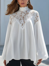 High-Neck Lace Yoke Chiffon Blouse With Flared Sleeves