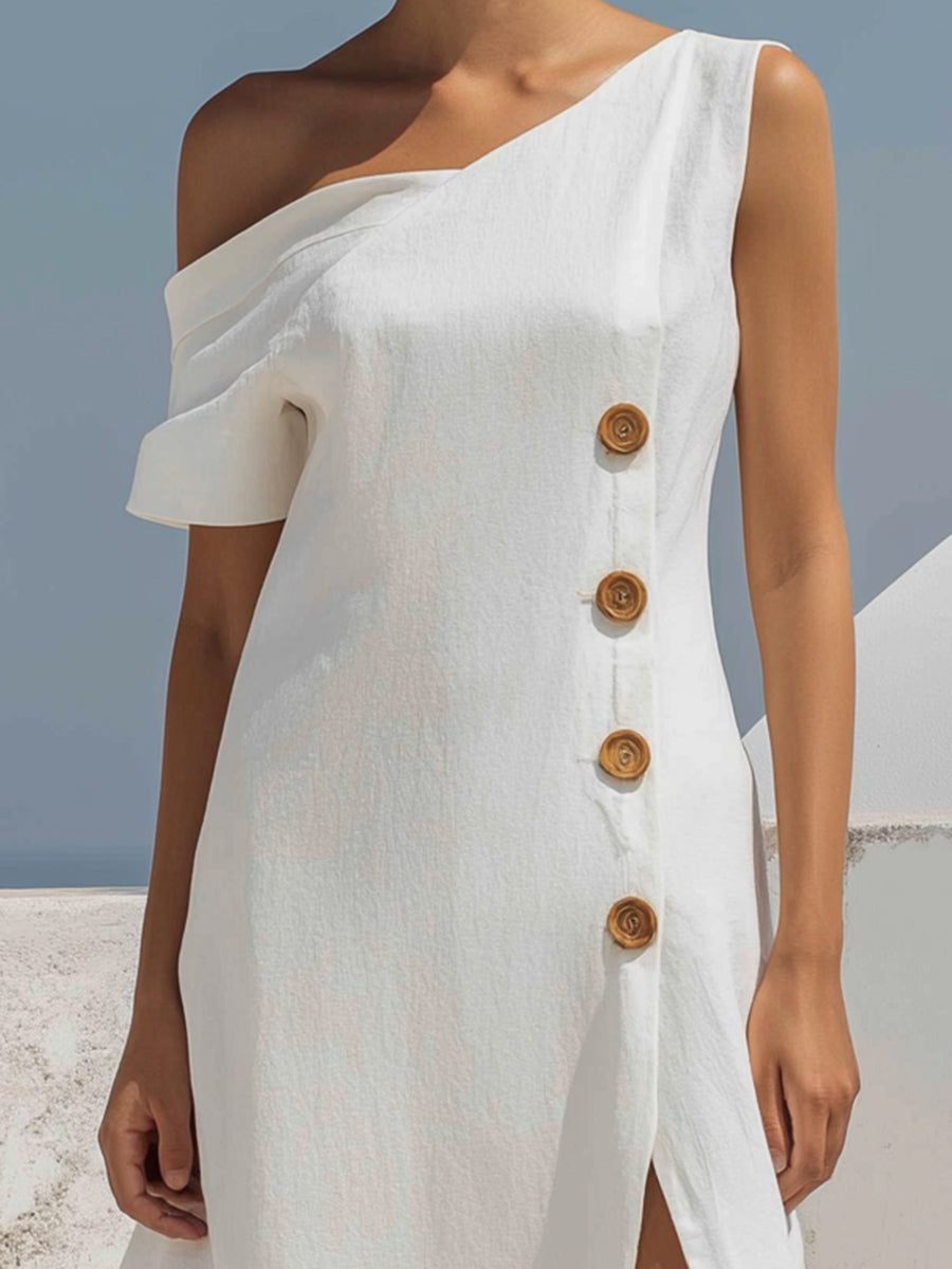 Elegant One-Shoulder Button-Detail Midi Dress