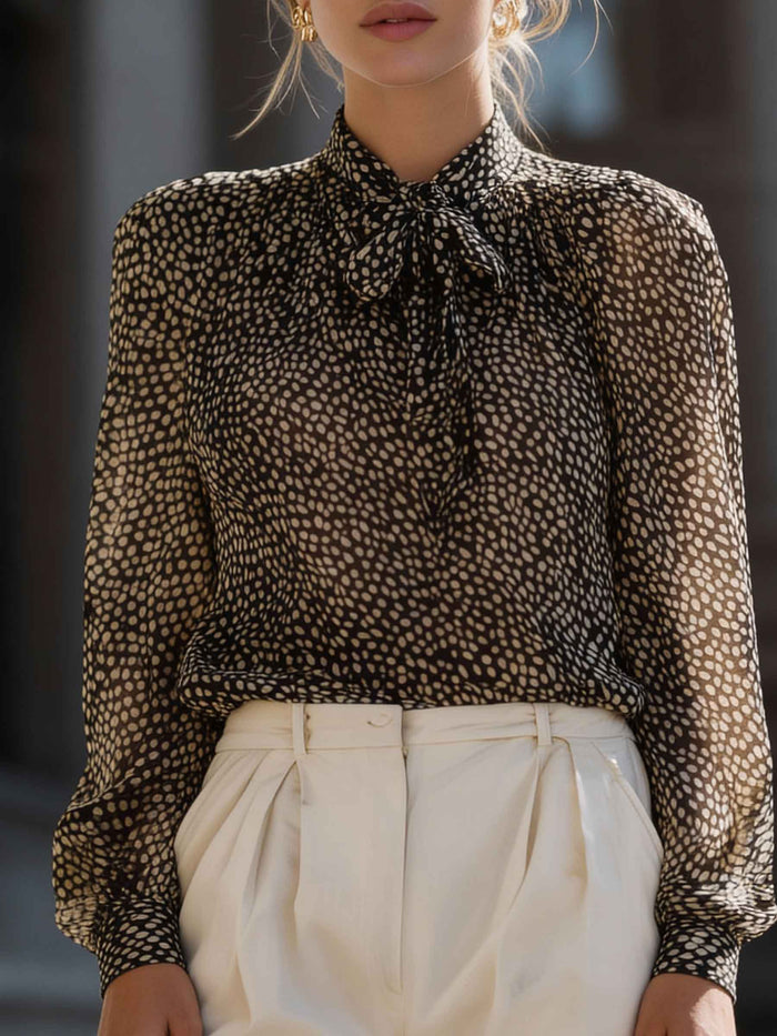 Polka Dot Tie-Neck Sheer Blouse