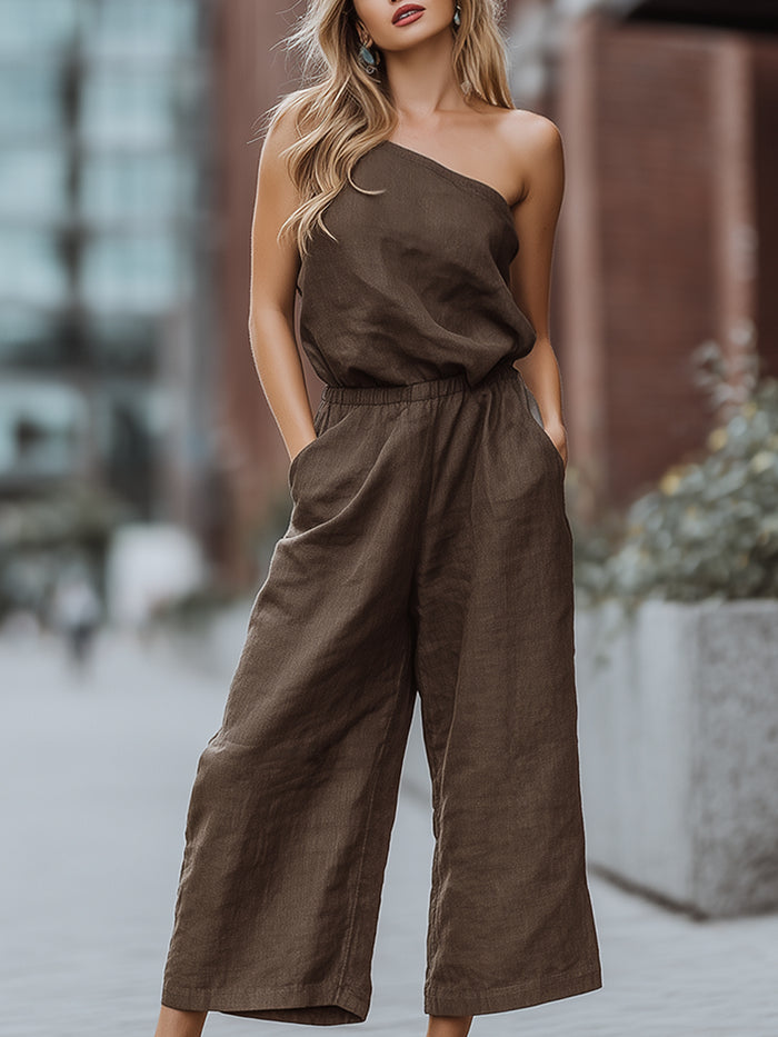 Relaxed One-Shoulder Linen Wide-Leg Jumpsuit