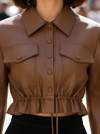 Cropped Faux Leather Shirt With Drawstring Waist