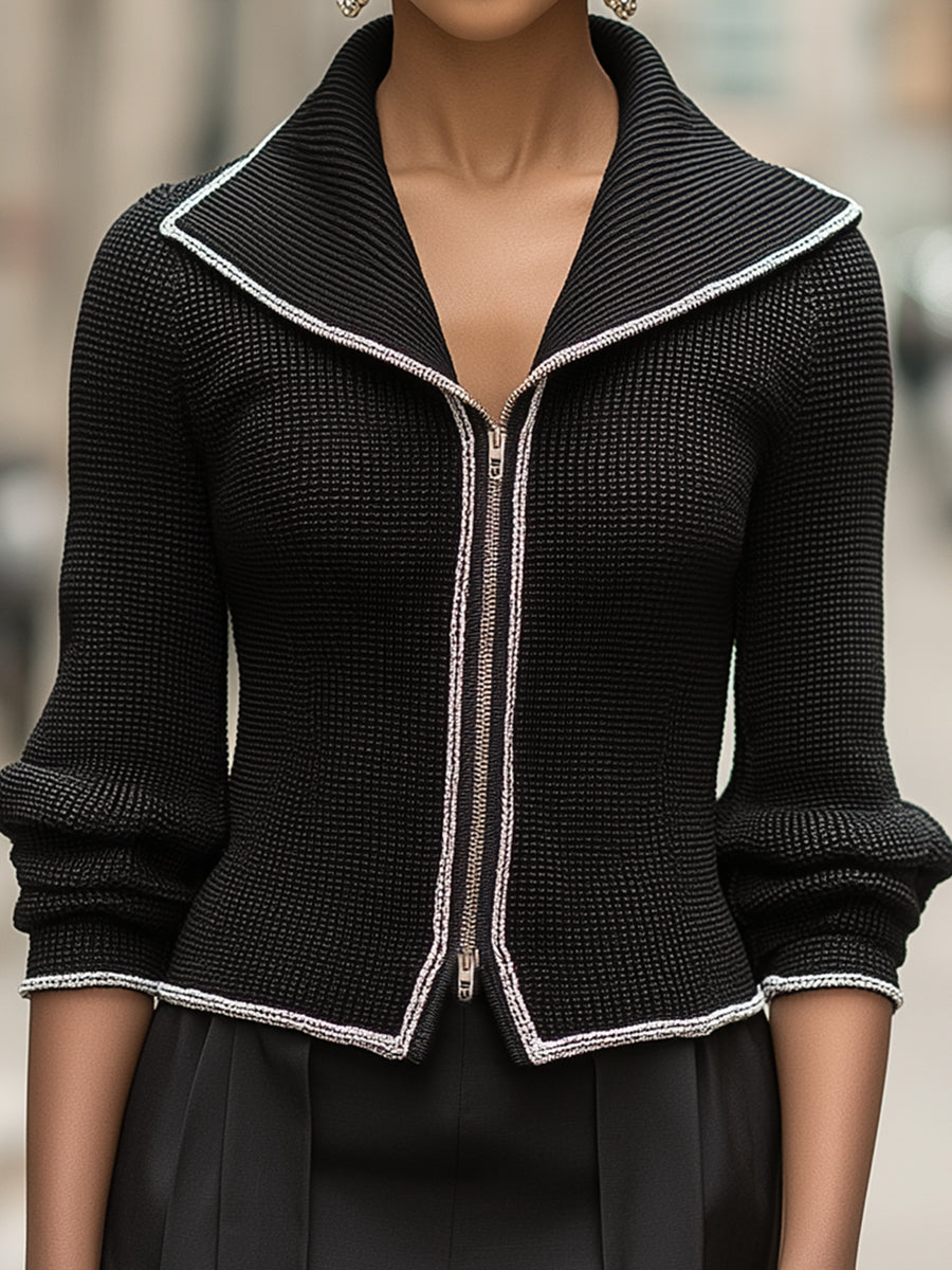 Structured Black Knit Zipper Jacket