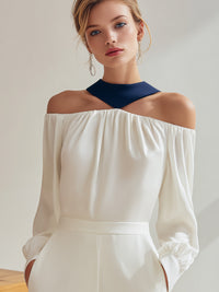 Off-Shoulder Blouse With Contrast Halter Neck Detail