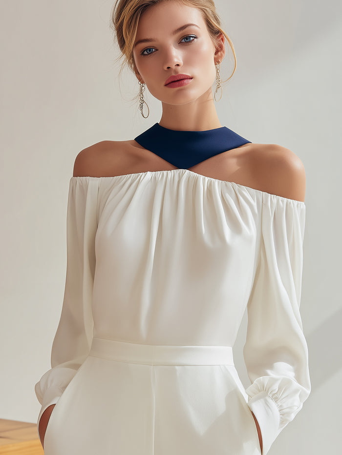 Off-Shoulder Blouse With Contrast Halter Neck Detail
