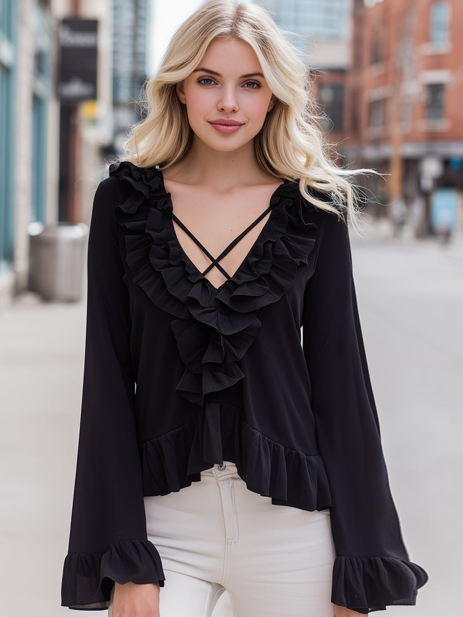 Black Ruffle Trim Crisscross V-Neck Blouse