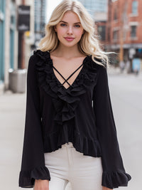 Black Ruffle Trim Crisscross V-Neck Blouse