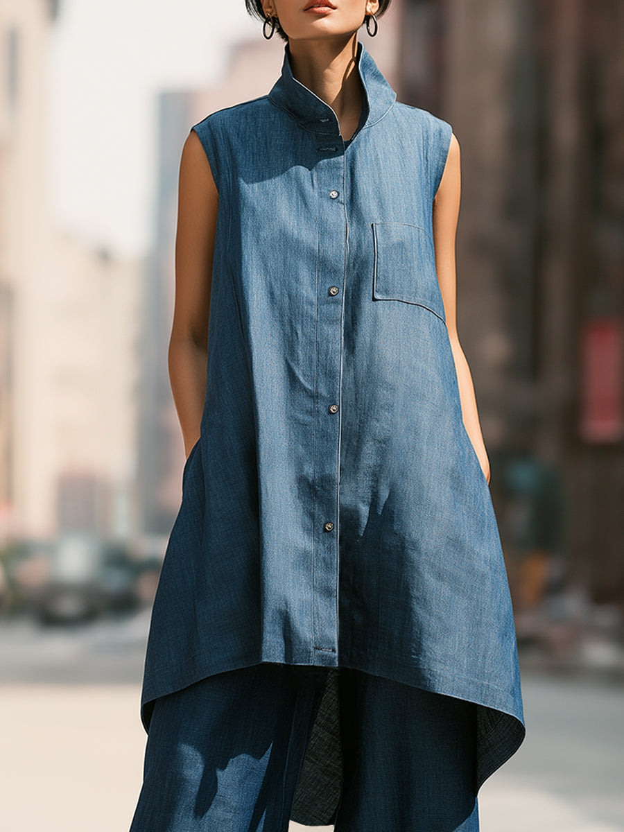 Minimalist Sleeveless Button-Up Denim Jacket