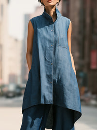 Minimalist Sleeveless Button-Up Denim Jacket