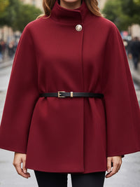 Belted Cape Coat With High Collar In Burgundy