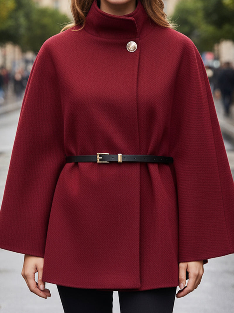 Belted Cape Coat With High Collar In Burgundy