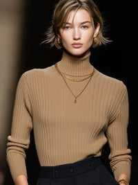 Camel Wide Striped Turtleneck Sweater