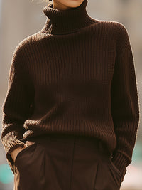 Chocolate Brown Turtleneck Sweater And Wide-Leg Pants Set
