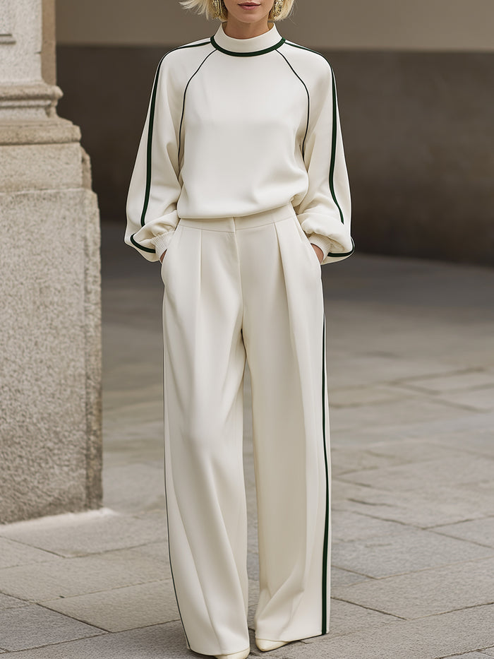 Elegant Contrast-Piped High-Neck Top & Wide-Leg Trouser Set