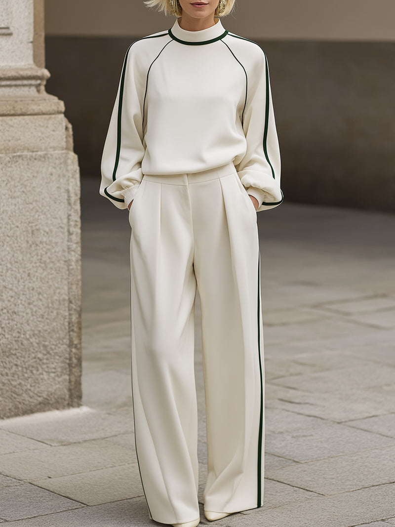 Elegant Contrast-Piped High-Neck Top & Wide-Leg Trouser Set