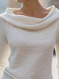 Cream Textured Knit Top With Draped Collar