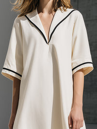 Minimalist Notched V-Neck Piped Midi Shift Dress