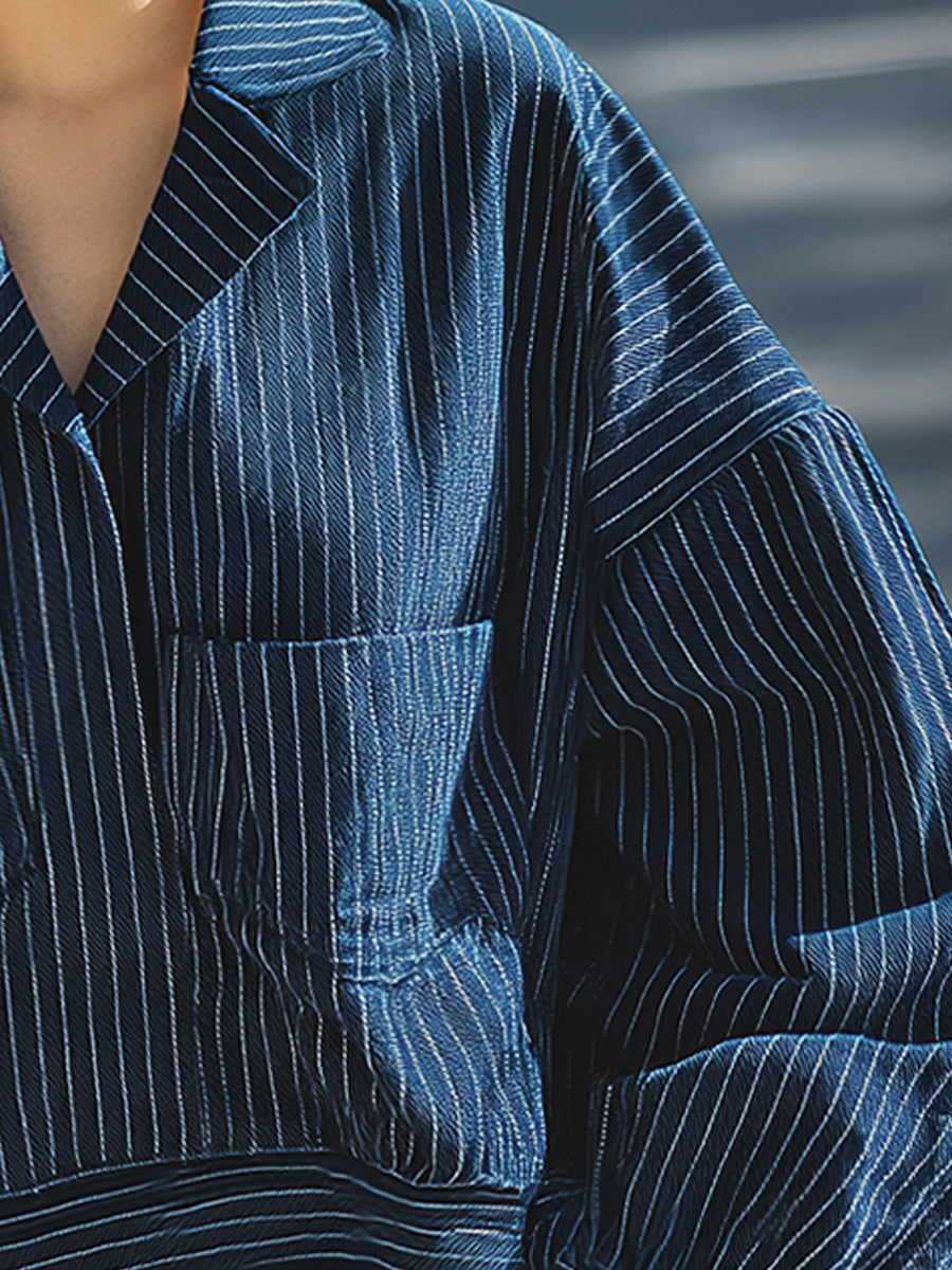 Navy Blue Pinstriped Drop-shoulder Loose Coat