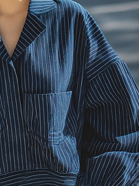 Navy Blue Pinstriped Drop-shoulder Loose Coat