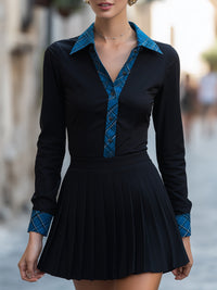 Color-Blocked Check Trim Shirt And Pleated Mini Skirt