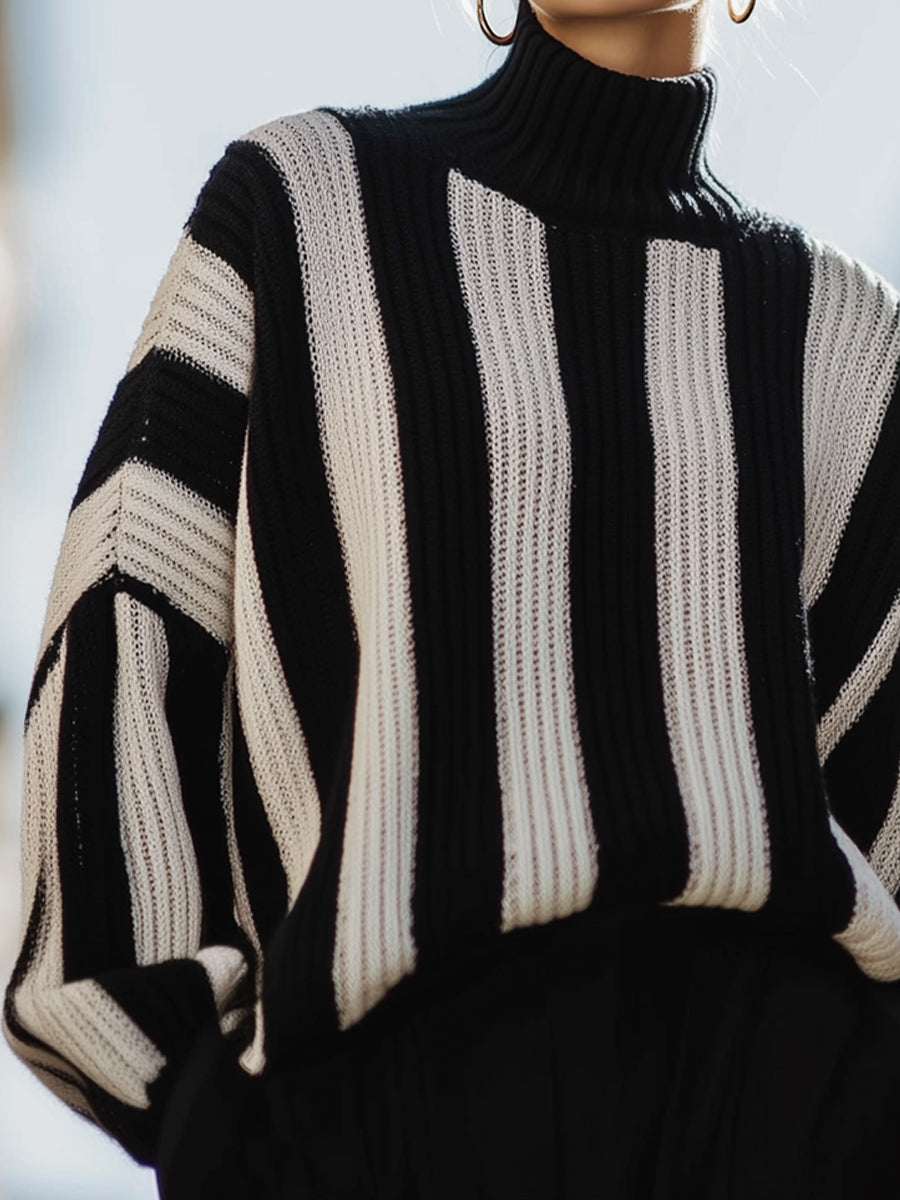 Black And White Striped Ribbed Turtleneck Sweater