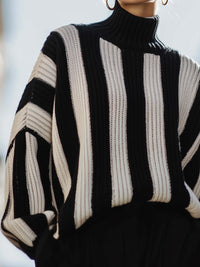Black And White Striped Ribbed Turtleneck Sweater