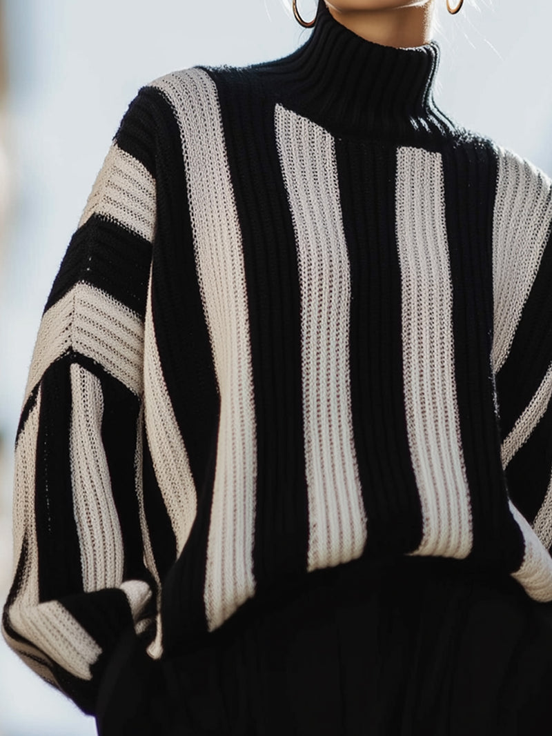 Black And White Striped Ribbed Turtleneck Sweater