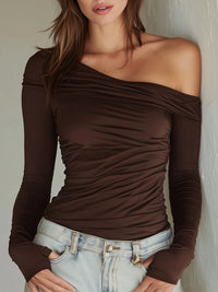 One-Shoulder Pleated High-Stretch Long-Sleeve Top