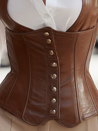 Brown Faux Leather Corset Vest And White Shirt Set