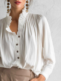 Ruffled Collar Pleated Button-Front Blouse