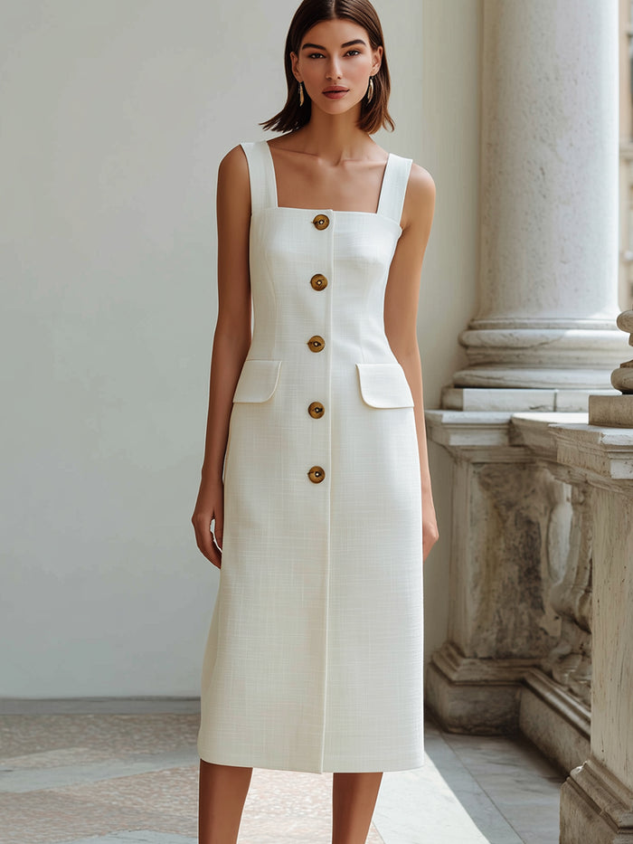Square Neck Button-Front Sleeveless Midi Dress