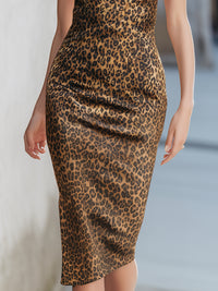Leopard Print Spaghetti Strap Bodycon Midi Dress