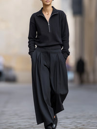 Minimalist Half-Zip Pullover And Wide-Leg Pleated Trousers Set