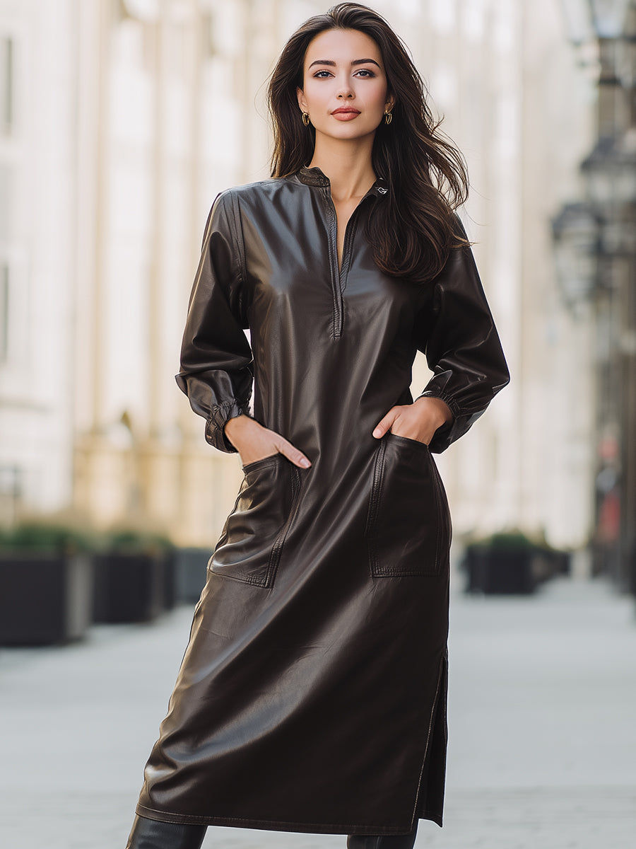 Espresso Faux Leather Utility Midi Dress