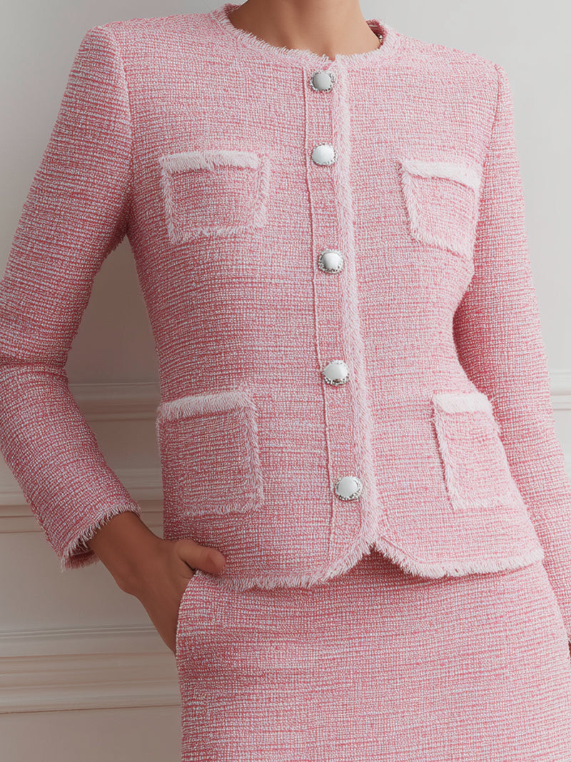 Pink Tweed Button-Front Skirt Suit Set