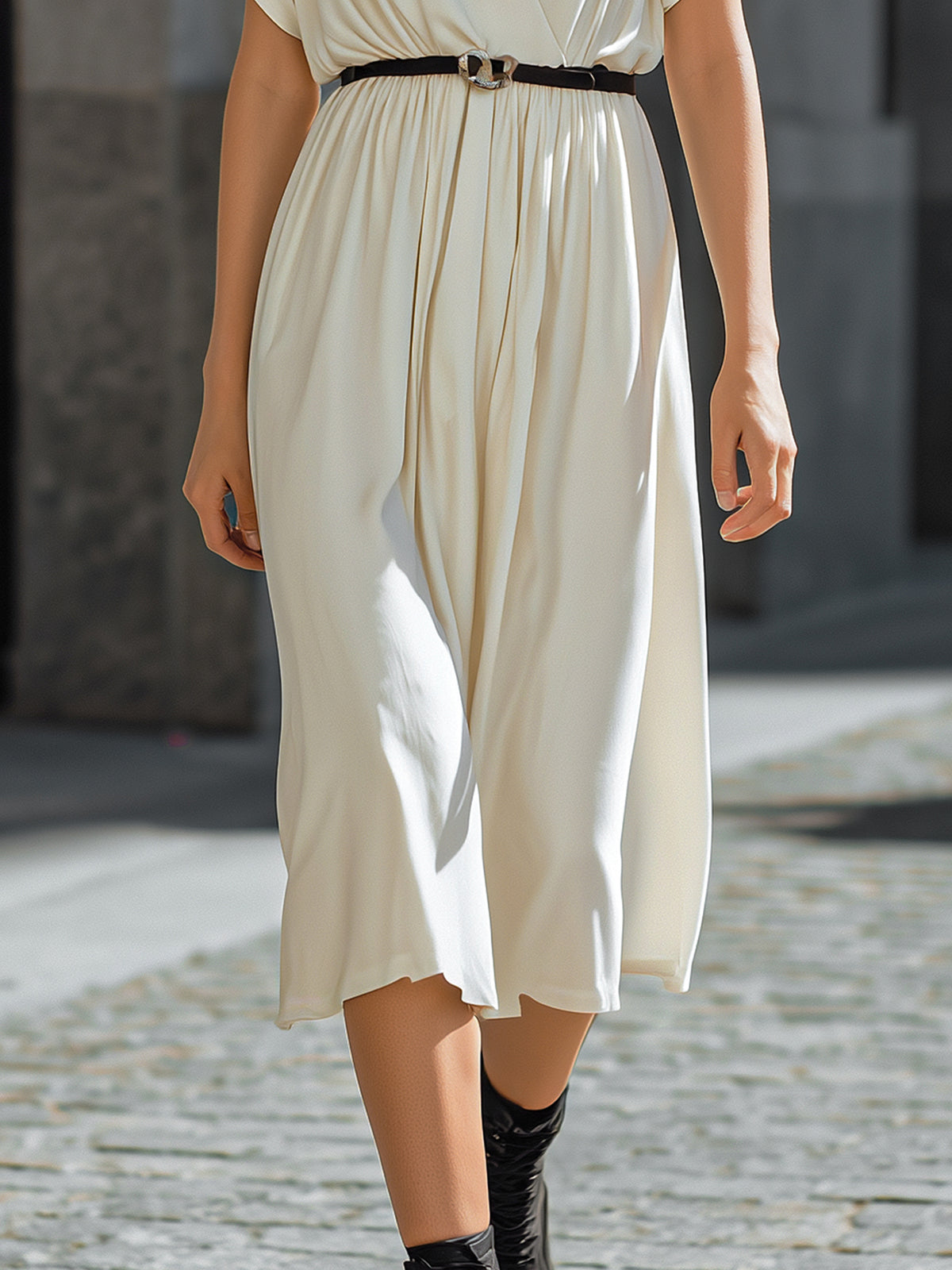 Draped V-Neck Belted Midi Dress
