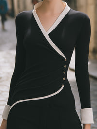 Black Contrast-Trim Wrap Top With Side Button Detail
