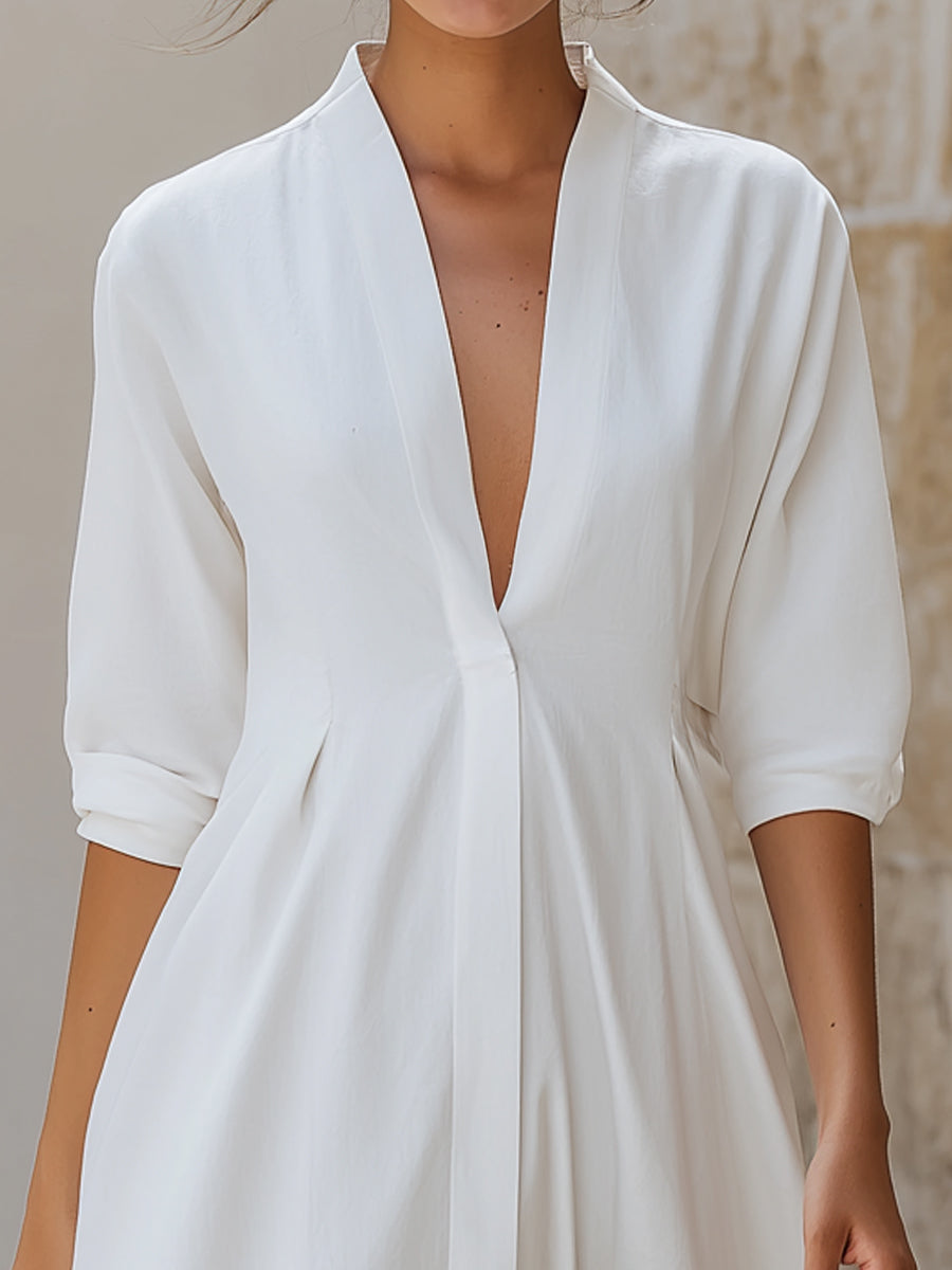Minimalist Deep V-Neck Long Sleeve Midi Dress