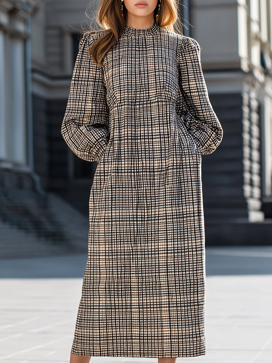 Checked High-Neck Long Sleeve Midi Dress