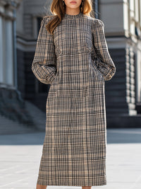 Checked High-Neck Long Sleeve Midi Dress